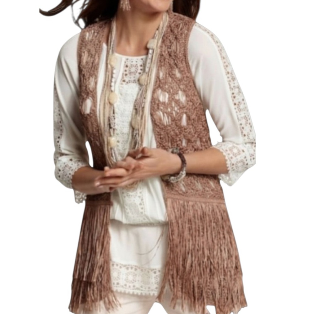 CHICO'S Margo Fringe Vest Top 30 UNFORGETTABLE YEARS Bronze/Brown Crochet 1/M